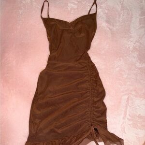 PrettyLittleThing Brown Ruched Mini Dress